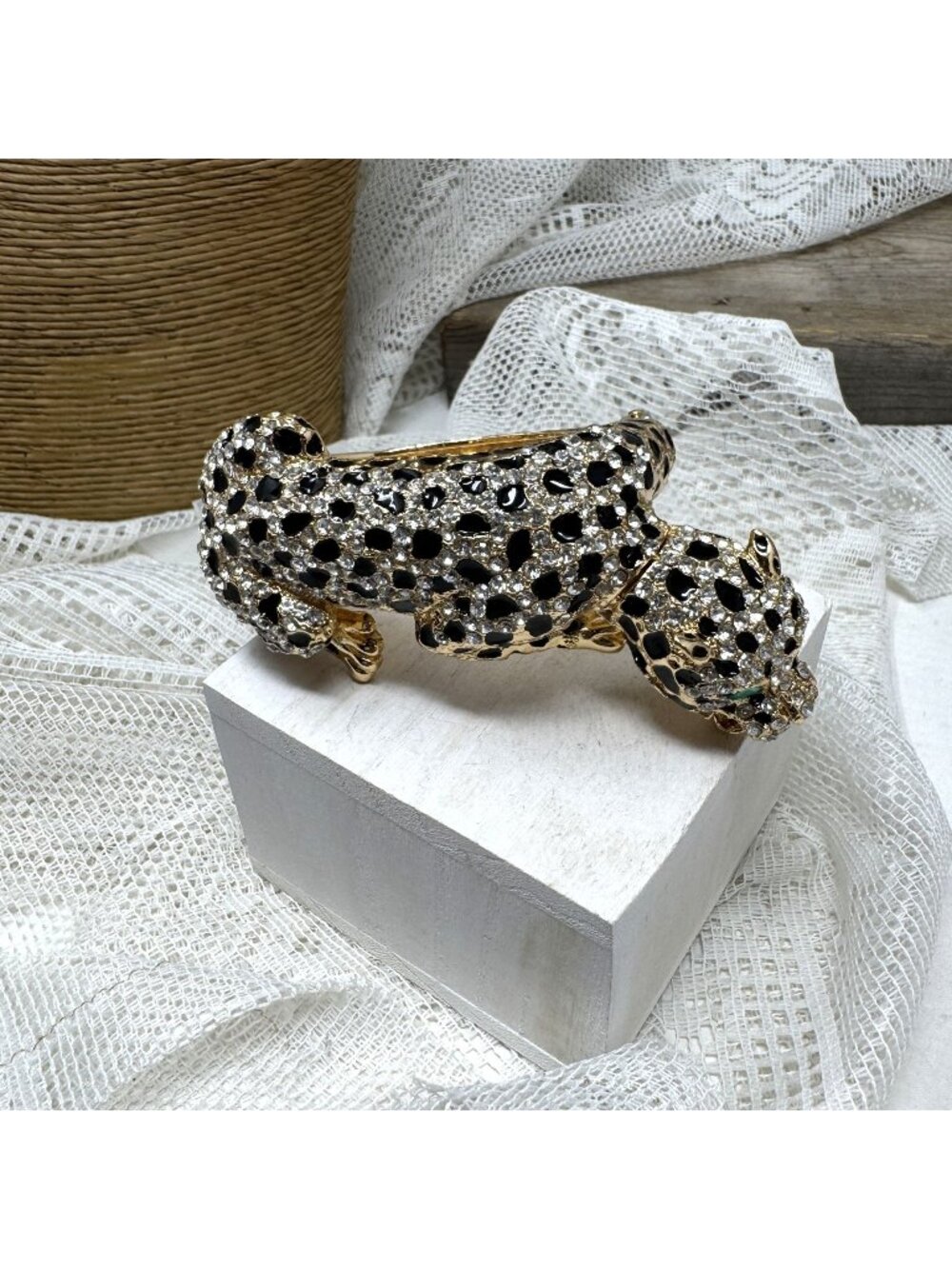 Gold-Tone Leopard Hinged Bracelet With Crystal Rhinestones & Black Enamel Detail